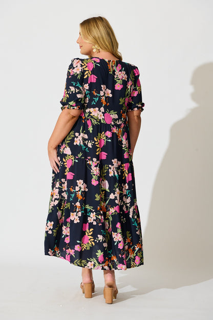 Nevi Tiered Midi Dress In Navy Multi Floral