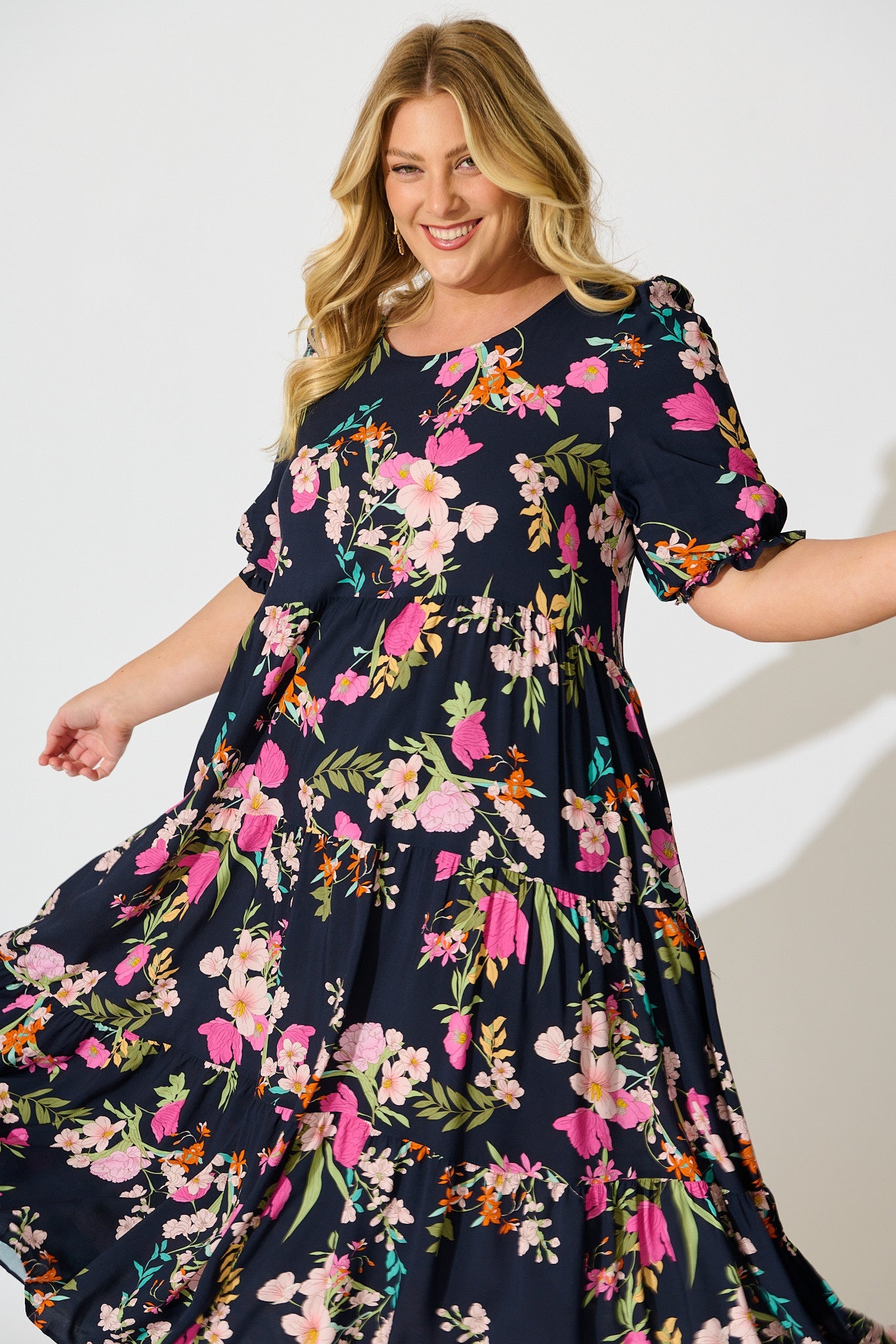 Nevi Tiered Midi Dress In Navy Multi Floral