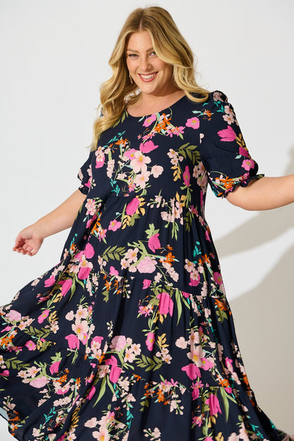 Nevi Tiered Midi Dress In Navy Multi Floral