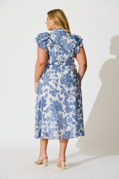 Roseabelle Midi Dress in Blue Leaf Print