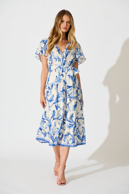 Annalyse Midi Dress in White with Blue Floral