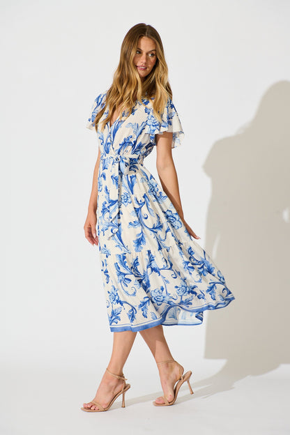 Annalyse Midi Dress in White with Blue Floral