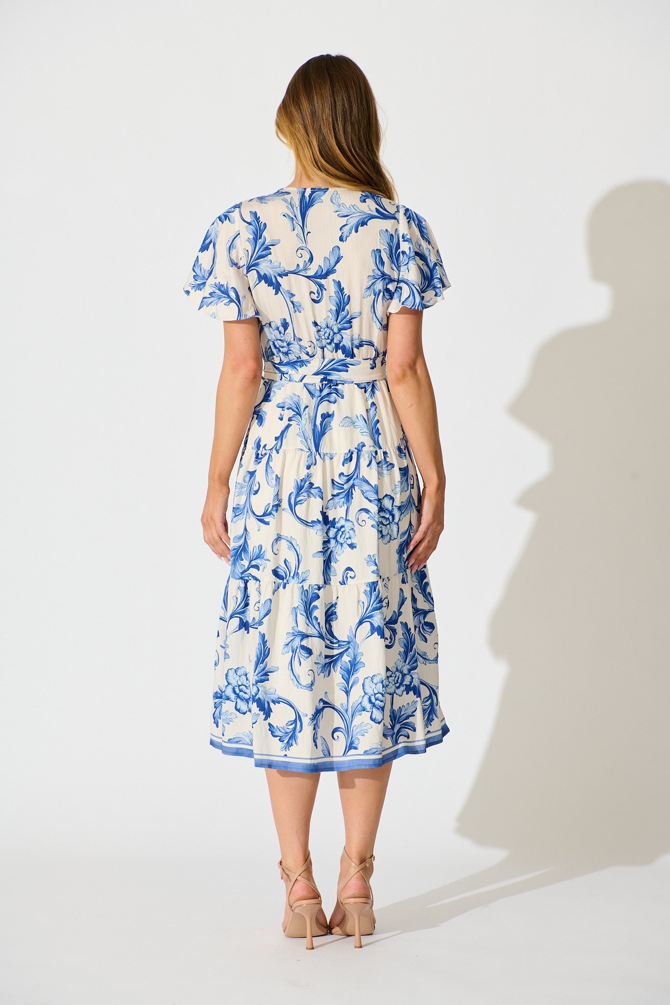 Annalyse Midi Dress in White with Blue Floral