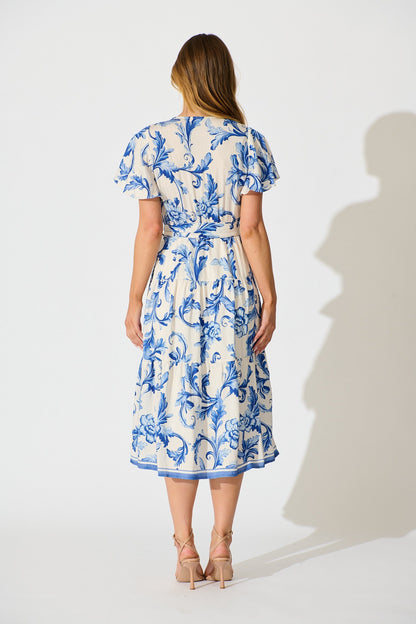 Annalyse Midi Dress in White with Blue Floral