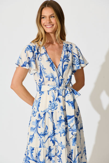 Annalyse Midi Dress in White with Blue Floral