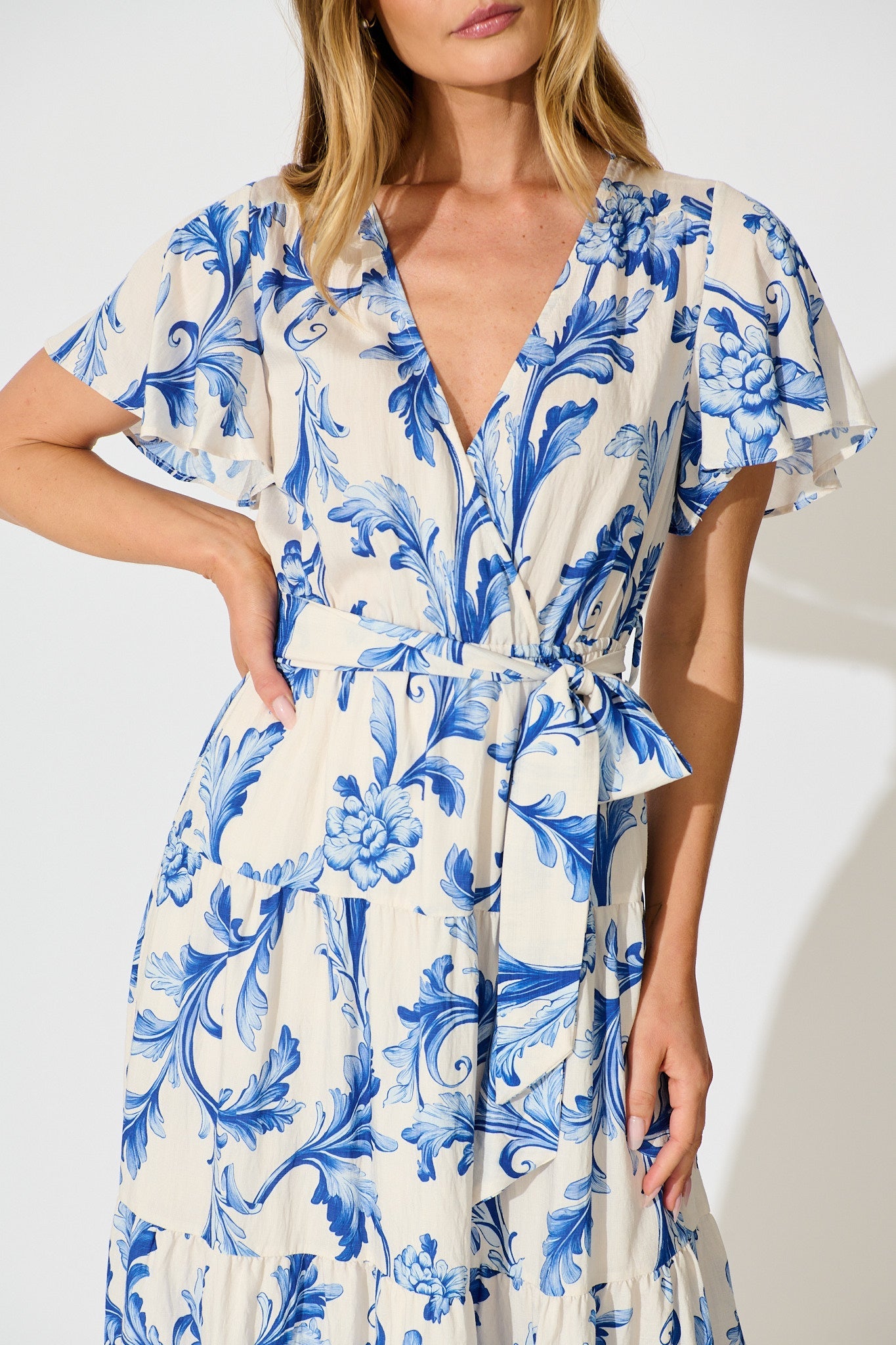 Annalyse Midi Dress in White with Blue Floral