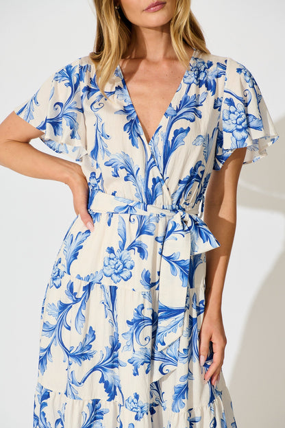 Annalyse Midi Dress in White with Blue Floral