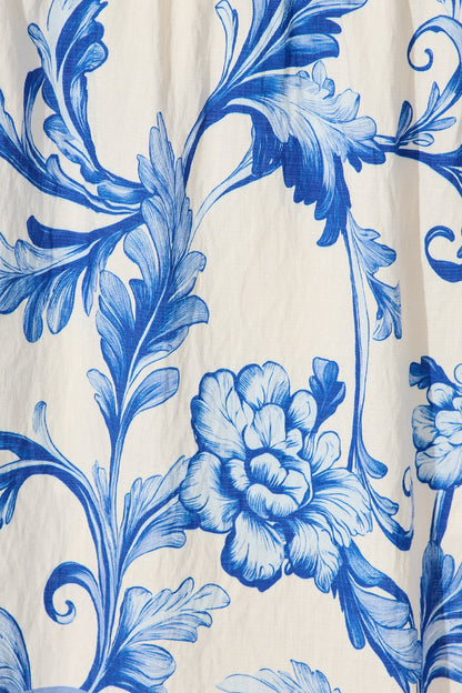 Annalyse Midi Dress in White with Blue Floral