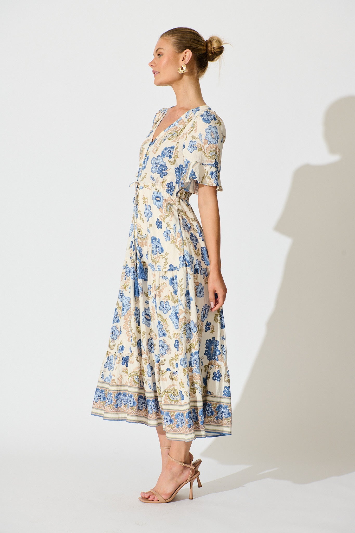 Alessa Maxi Dress in White with Blue Floral