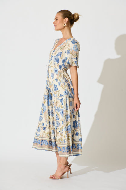 Alessa Maxi Dress in White with Blue Floral