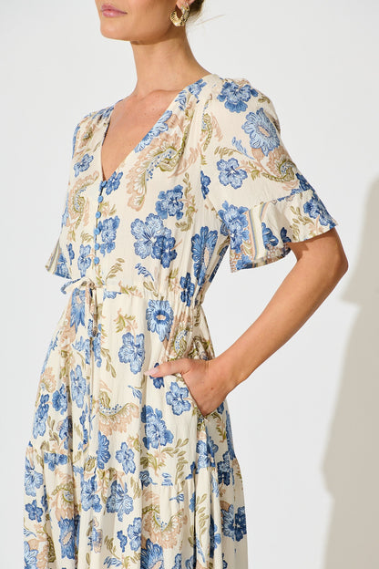 Alessa Maxi Dress in White with Blue Floral