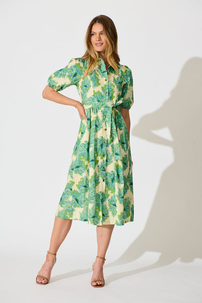 Arleth Midi Dress in Green Floral Print Cotton