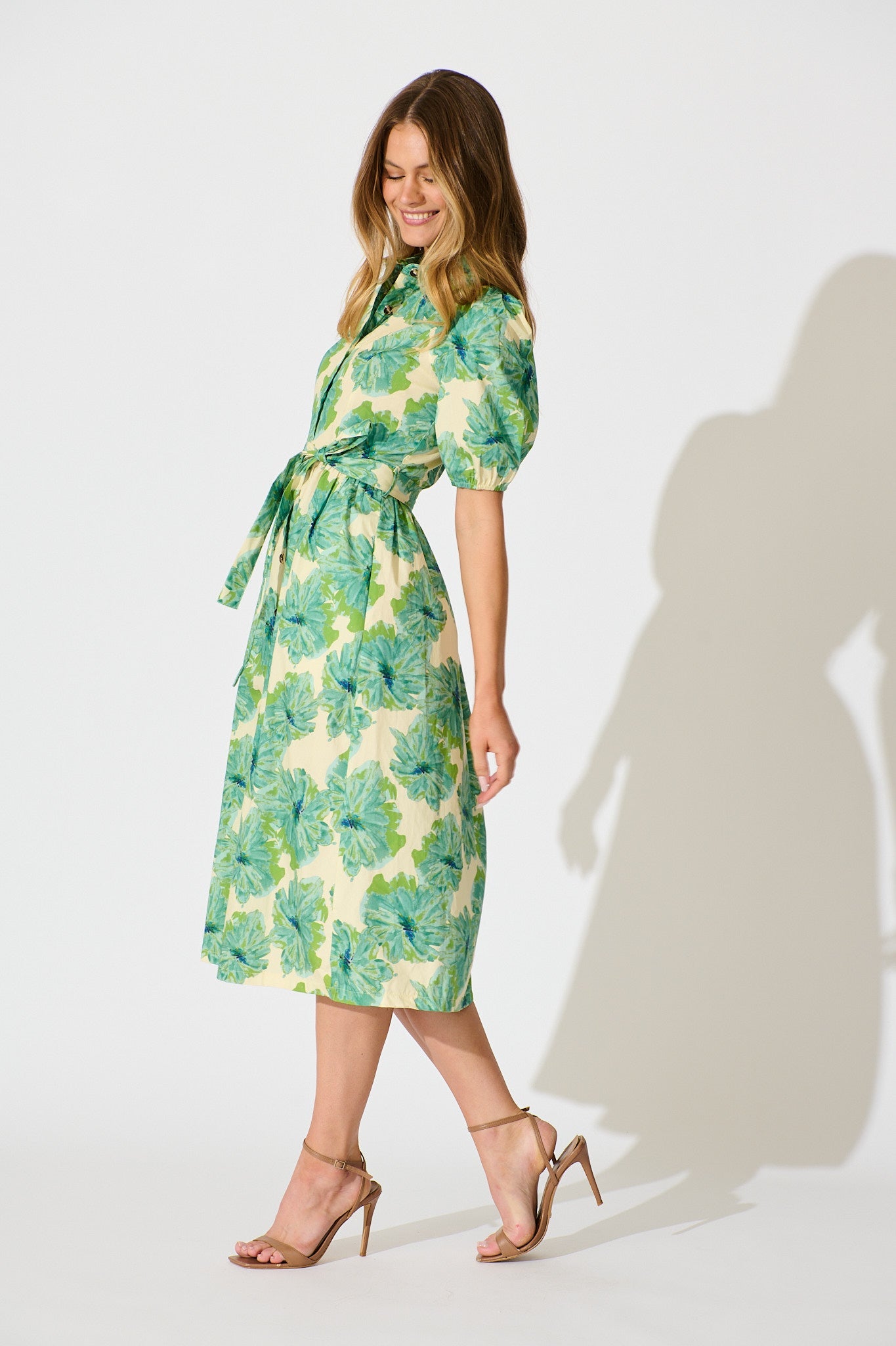 Arleth Midi Dress in Green Floral Print Cotton