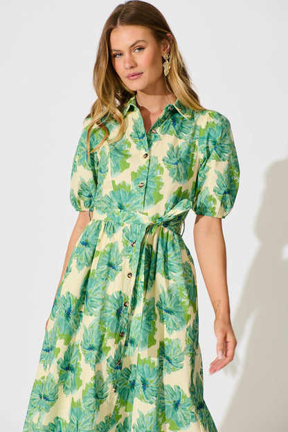 Arleth Midi Dress in Green Floral Print Cotton