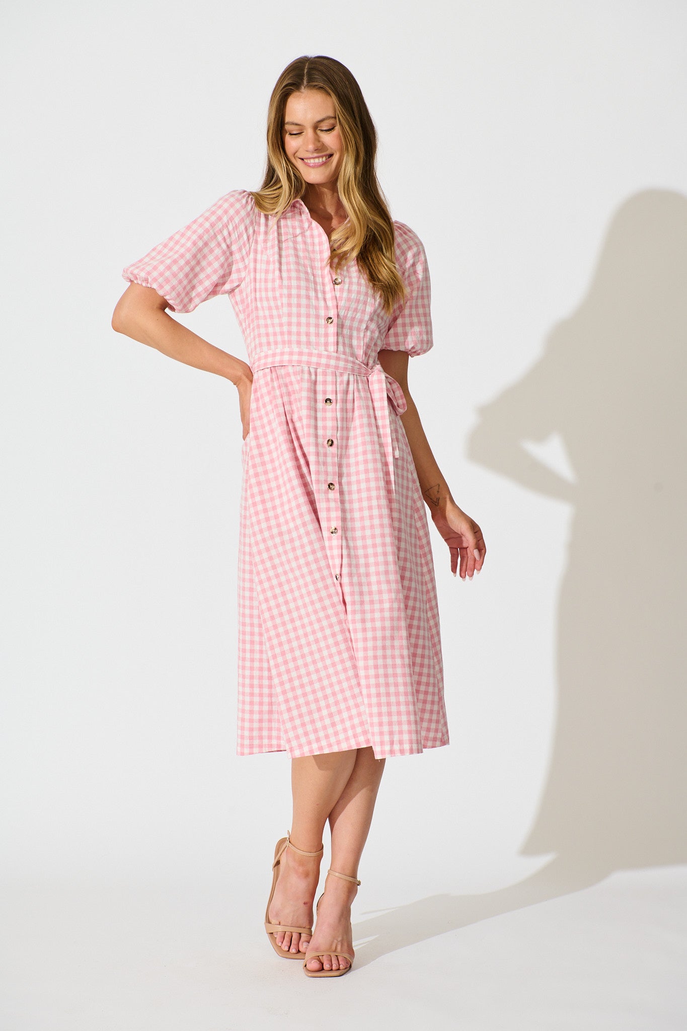 Elianna Midi Shirt Dress in Pink and White Gingham Cotton