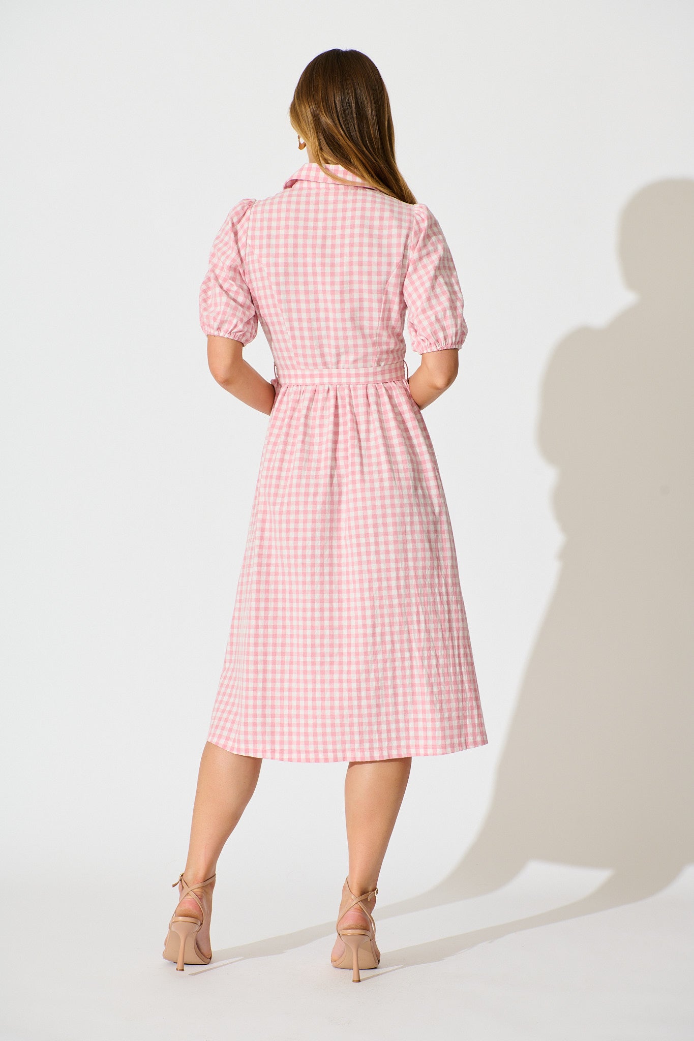 Elianna Midi Shirt Dress in Pink and White Gingham Cotton