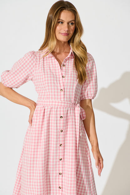 Elianna Midi Shirt Dress in Pink and White Gingham Cotton