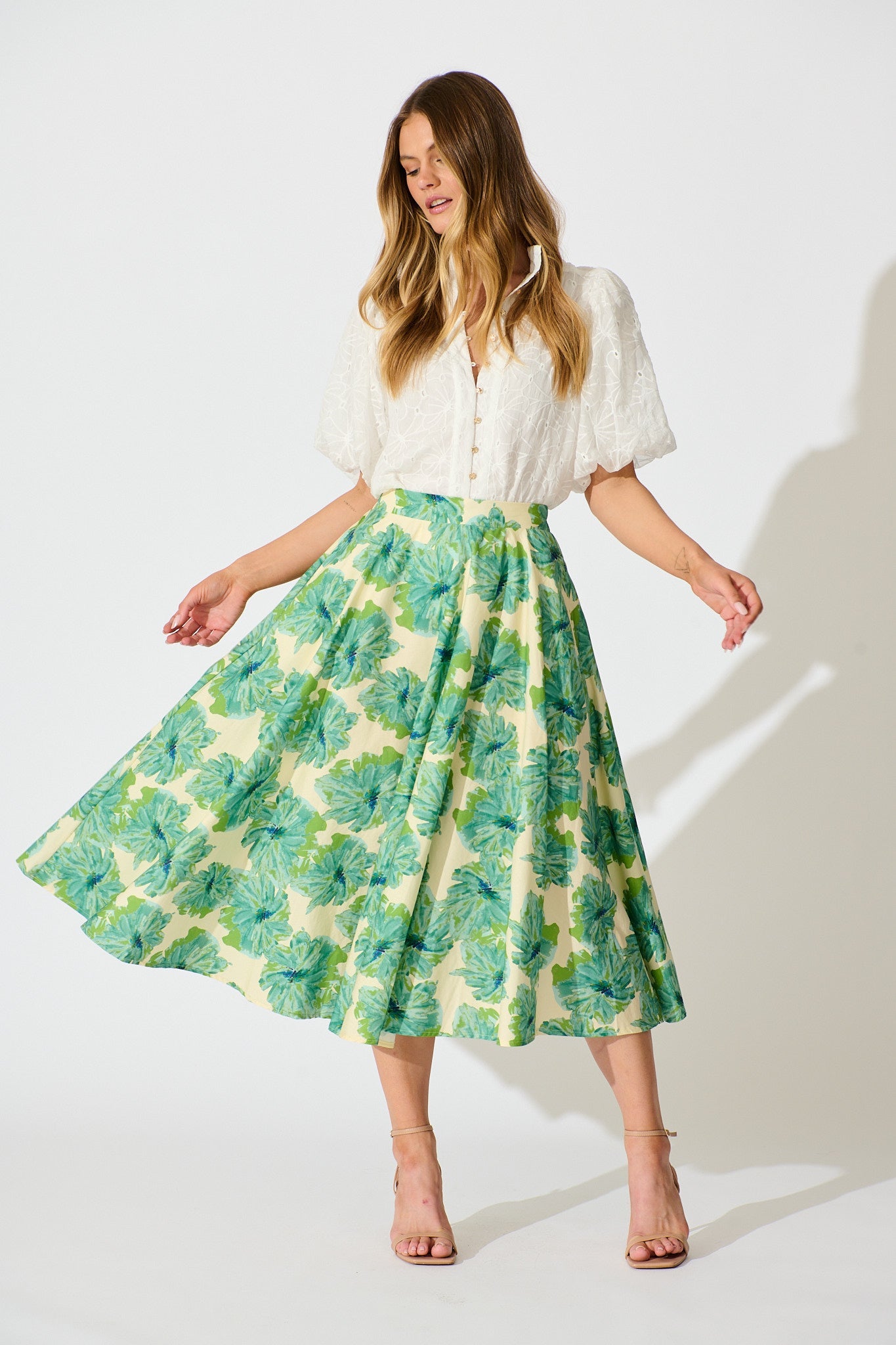 Sunlit Petals Midi Skirt in Green Floral Print Cotton