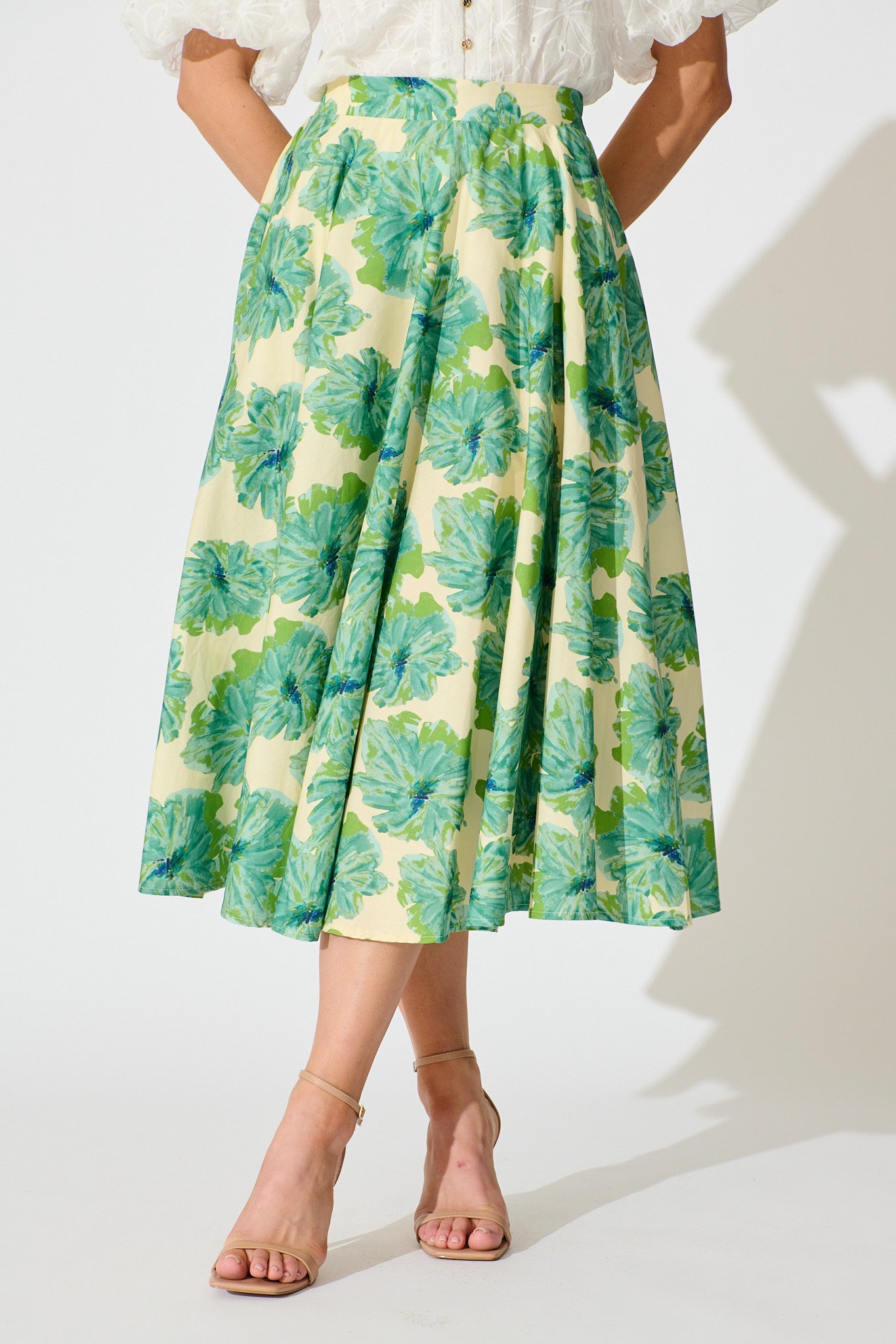 Sunlit Petals Midi Skirt in Green Floral Print Cotton