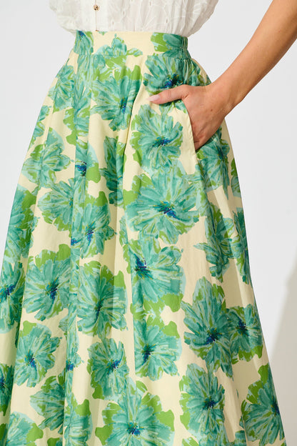 Sunlit Petals Midi Skirt in Green Floral Print Cotton