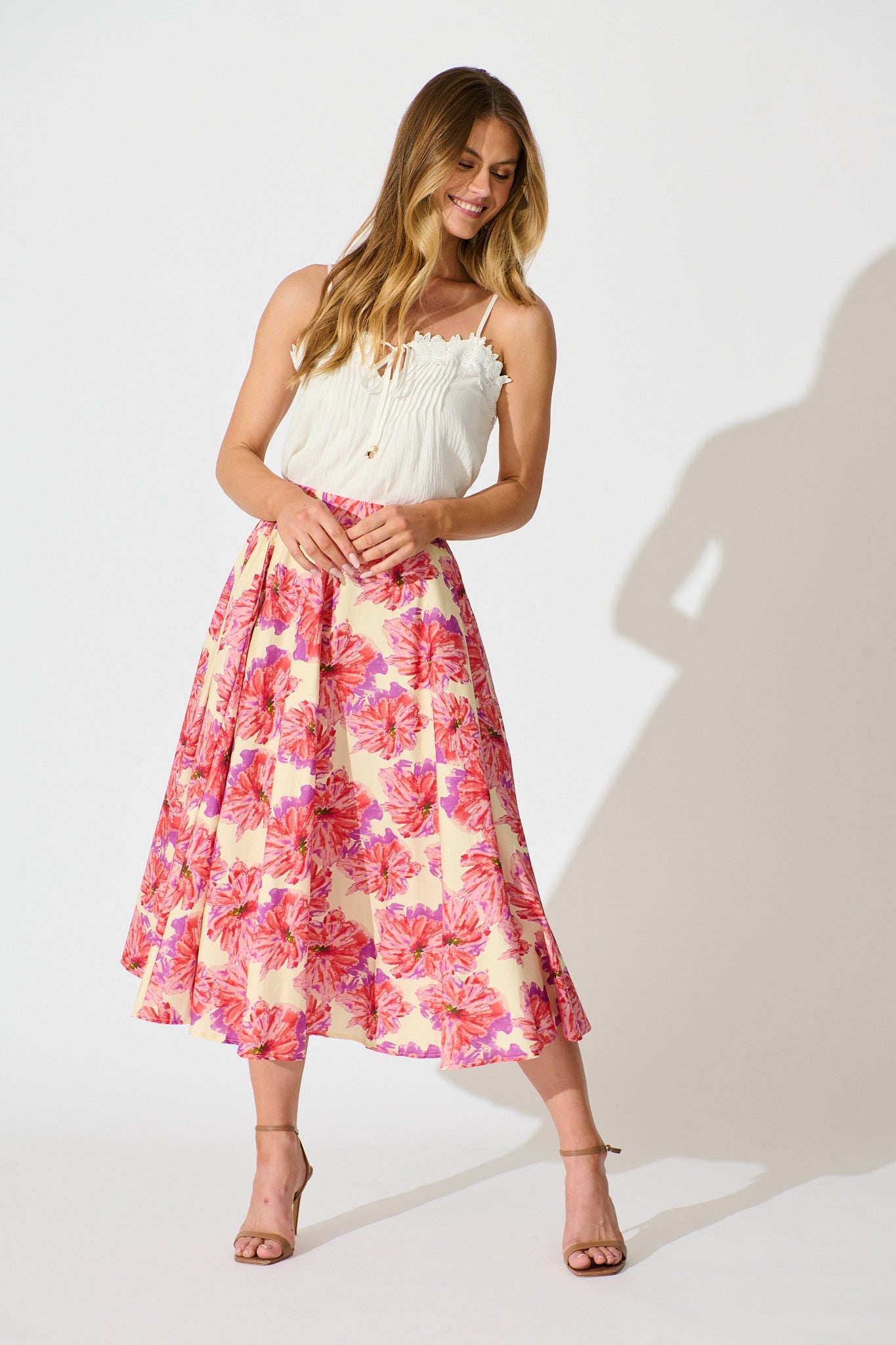 Sunlit Petals Midi Skirt in Pink Floral Print Cotton