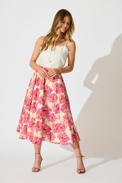Sunlit Petals Midi Skirt in Pink Floral Print Cotton