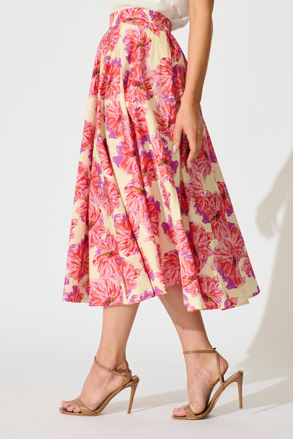 Sunlit Petals Midi Skirt in Pink Floral Print Cotton