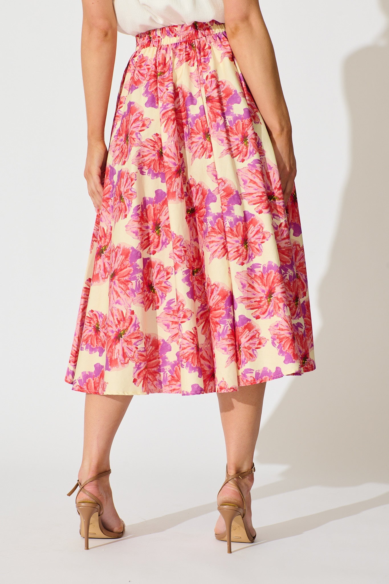 Sunlit Petals Midi Skirt in Pink Floral Print Cotton
