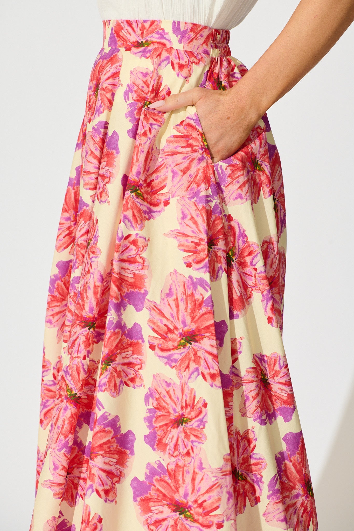 Sunlit Petals Midi Skirt in Pink Floral Print Cotton