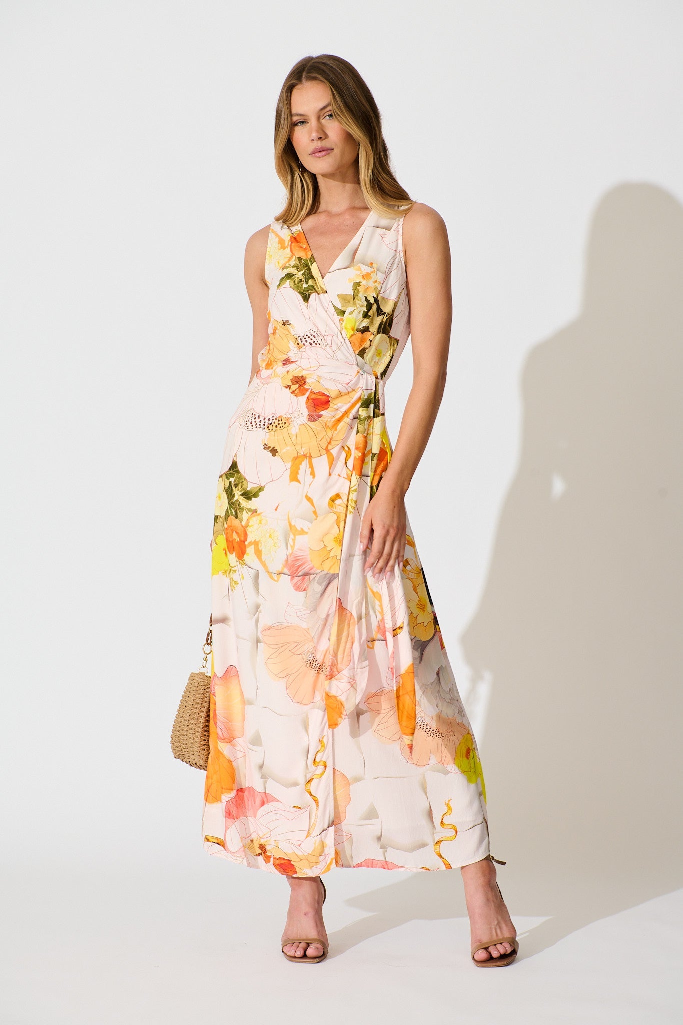 Oriana Maxi Wrap Dress in Orange Multi Floral