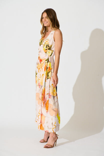 Oriana Maxi Wrap Dress in Orange Multi Floral