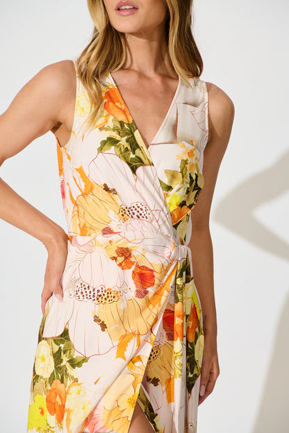 Oriana Maxi Wrap Dress in Orange Multi Floral
