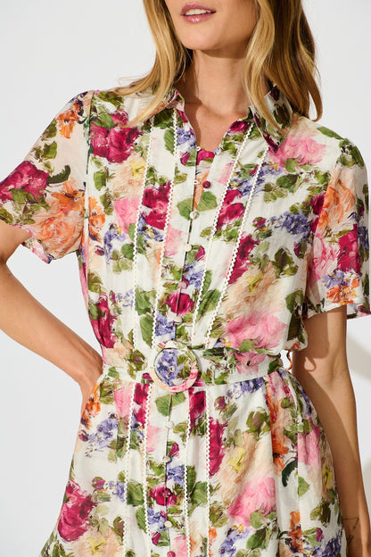 Luciana Shirt Dress in White with Multi Floral Print
