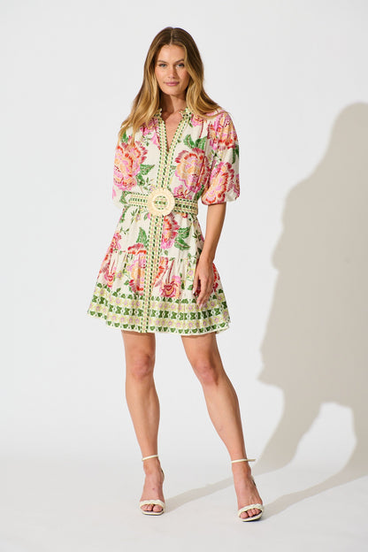 Sicilian Tile Dress in Cream with Multi Floral