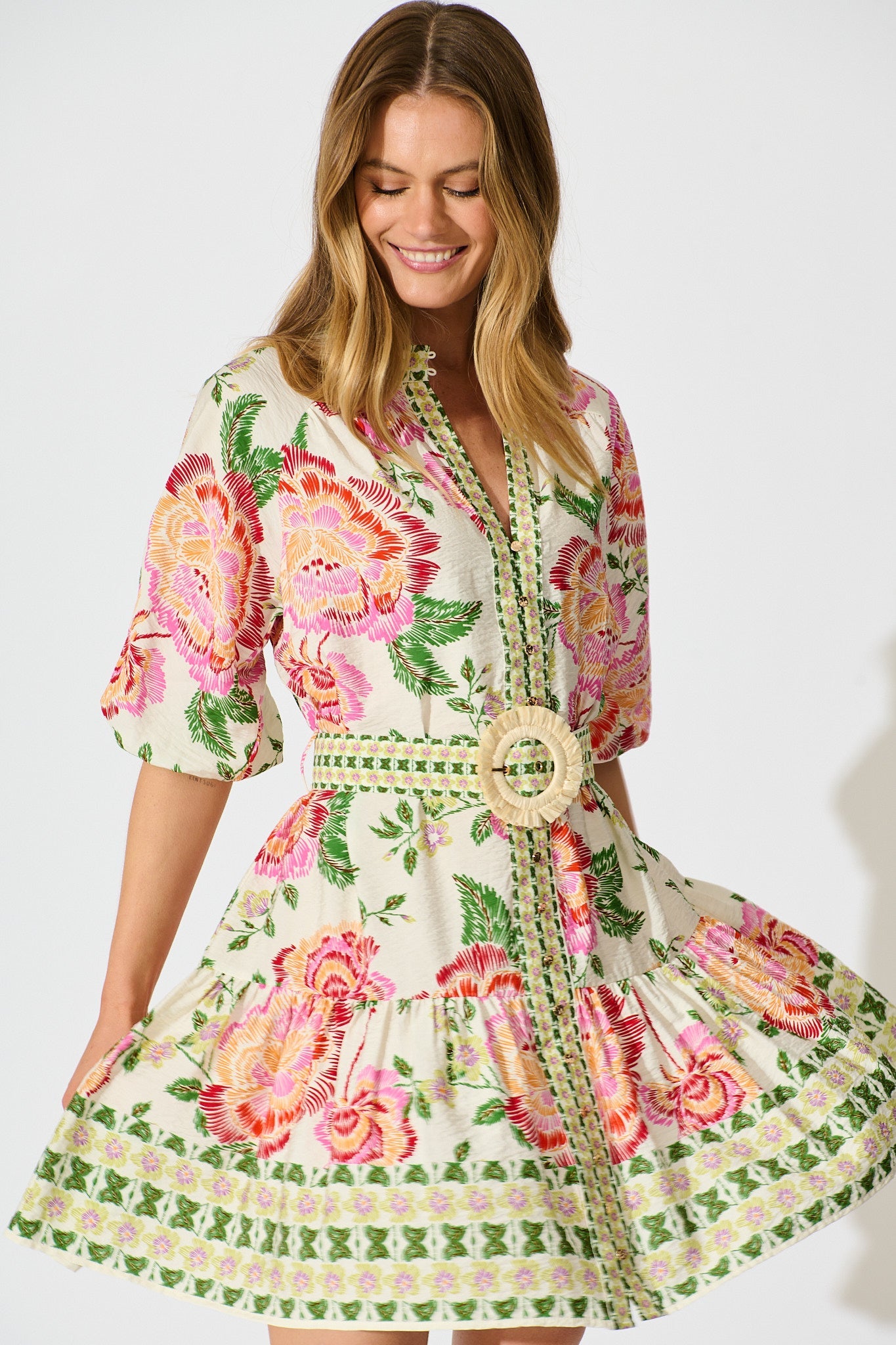 Sicilian Tile Dress in Cream with Multi Floral