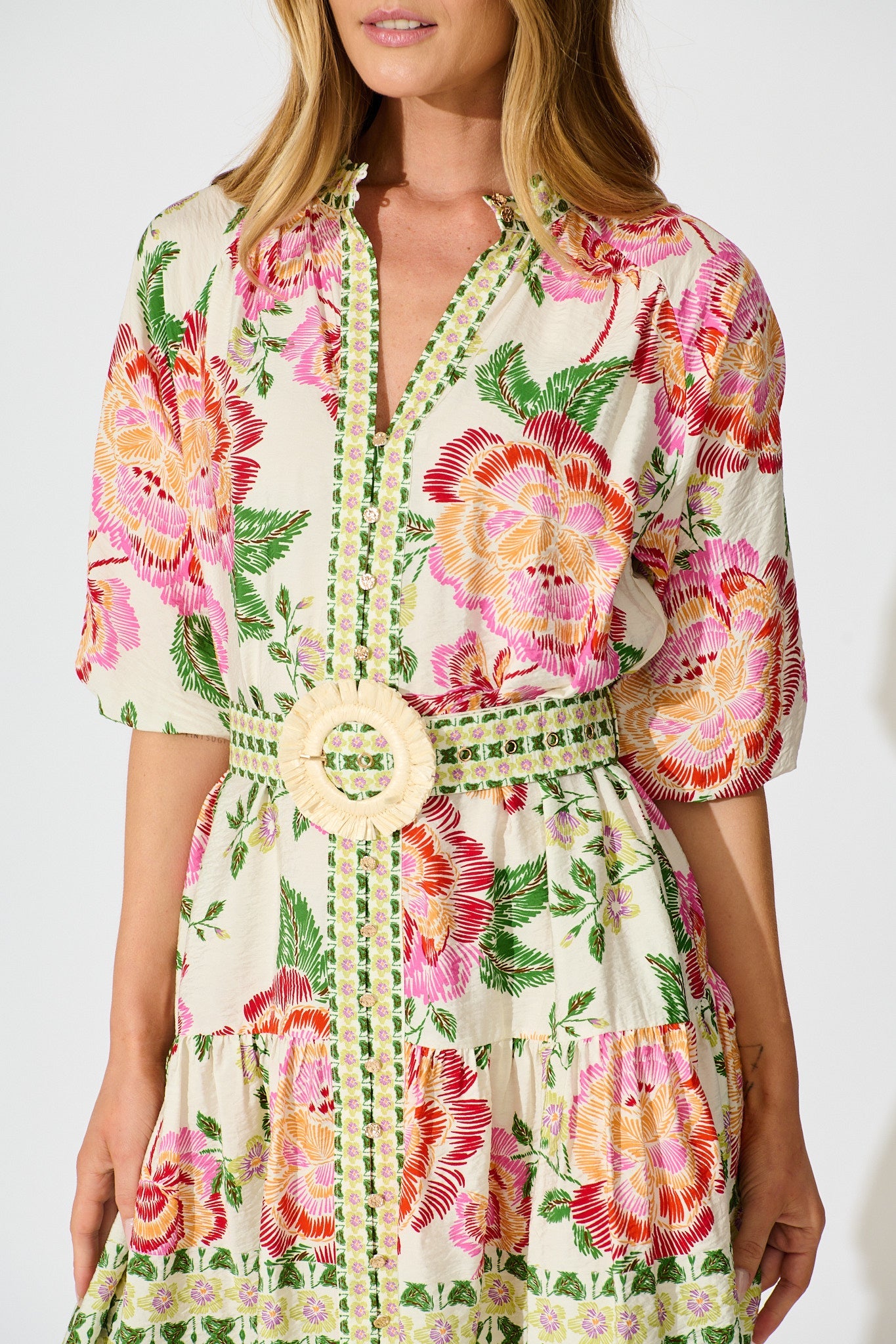 Sicilian Tile Dress in Cream with Multi Floral