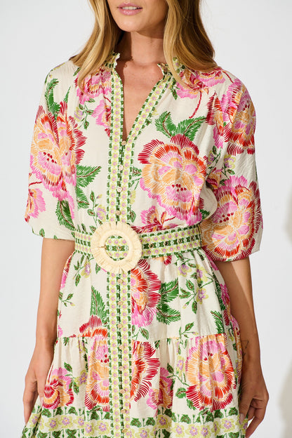 Sicilian Tile Dress in Cream with Multi Floral