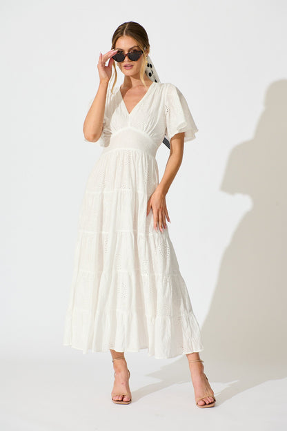 Indra Tierred Maxi Dress In White Embroidered Cotton