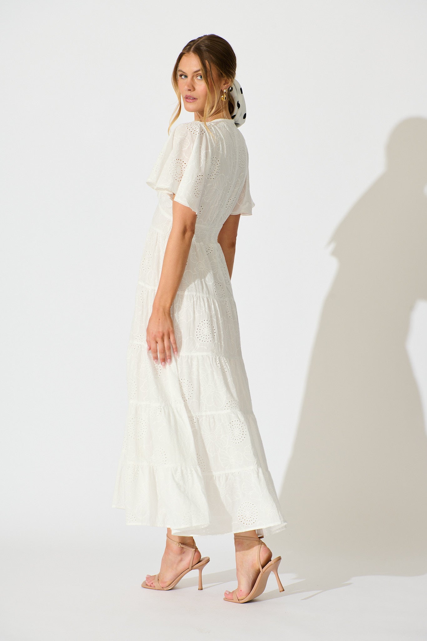 Indra Tierred Maxi Dress In White Embroidered Cotton