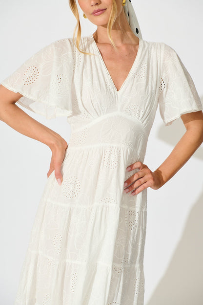 Indra Tierred Maxi Dress In White Embroidered Cotton