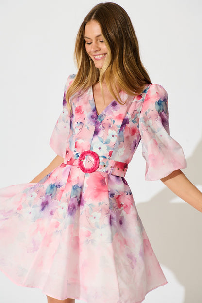 Floral Rhapsody Dress in Pink with Multi Floral Cotton Blend