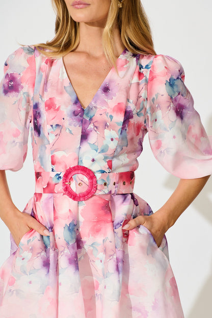 Floral Rhapsody Dress in Pink with Multi Floral Cotton Blend