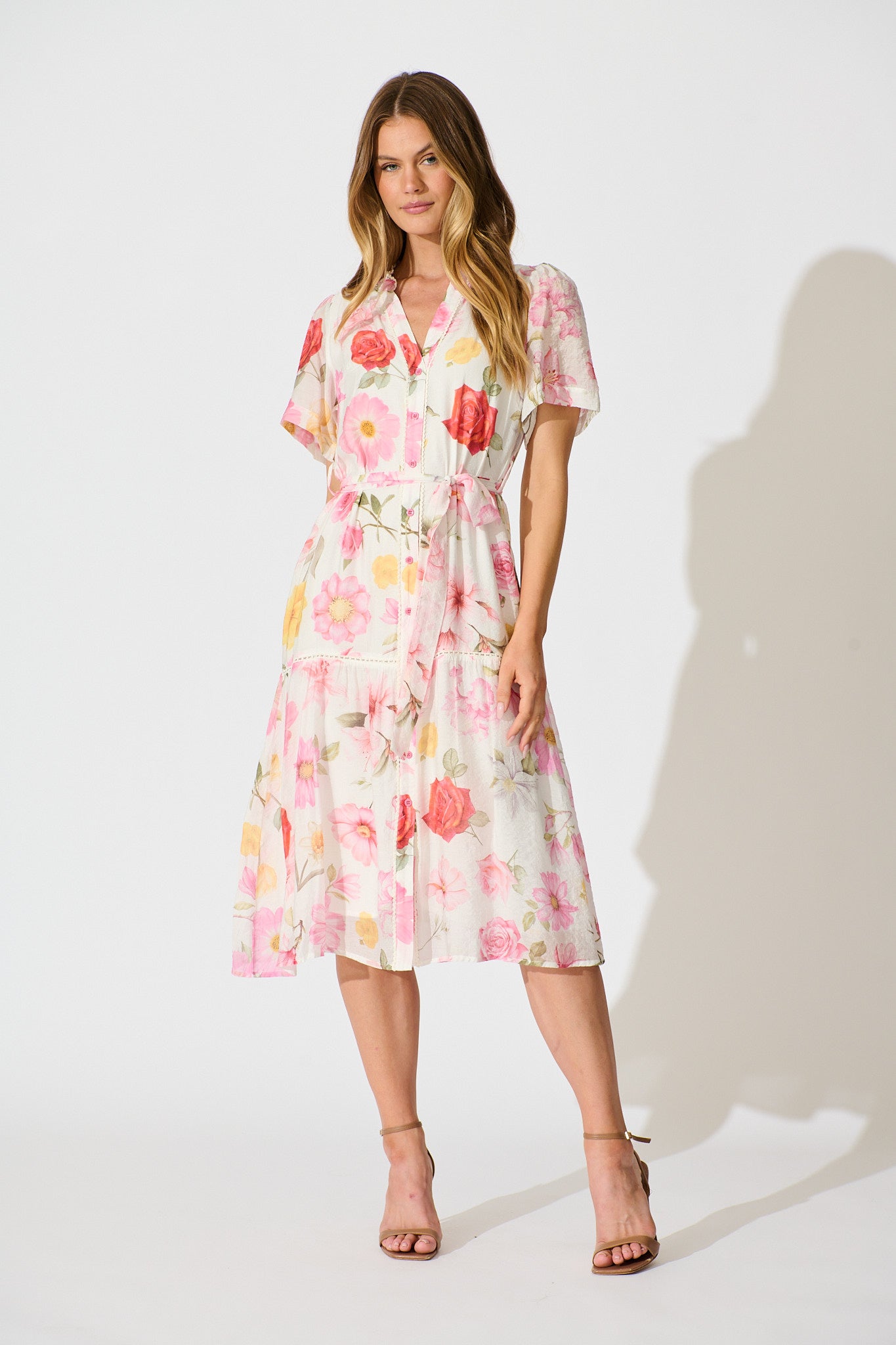 Celene Midi Dress in White with Blush Floral