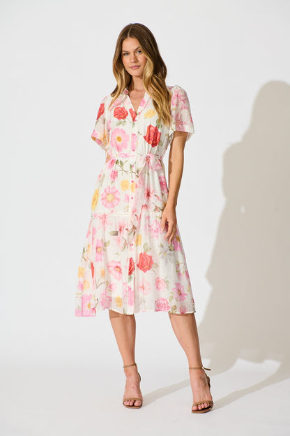 Celene Midi Dress in White with Blush Floral