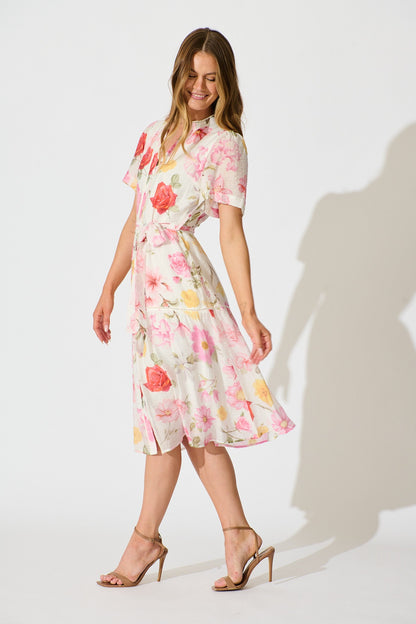 Celene Midi Dress in White with Blush Floral