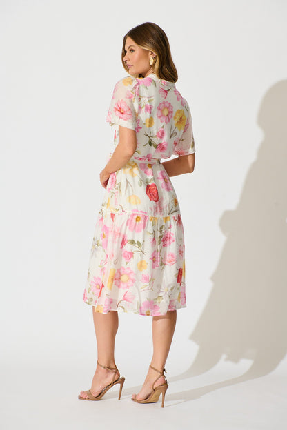 Celene Midi Dress in White with Blush Floral