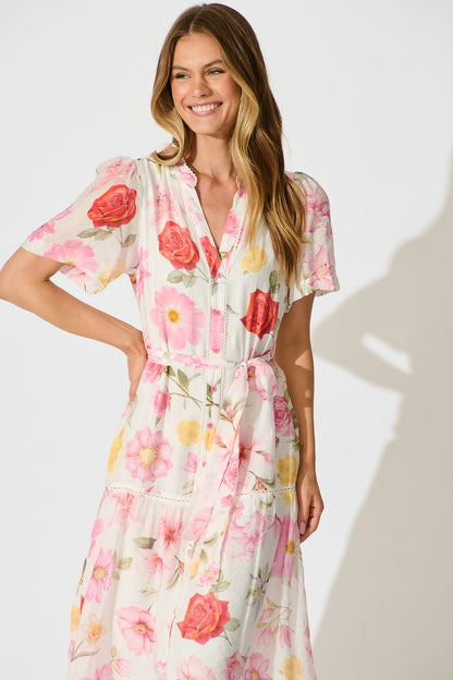 Celene Midi Dress in White with Blush Floral