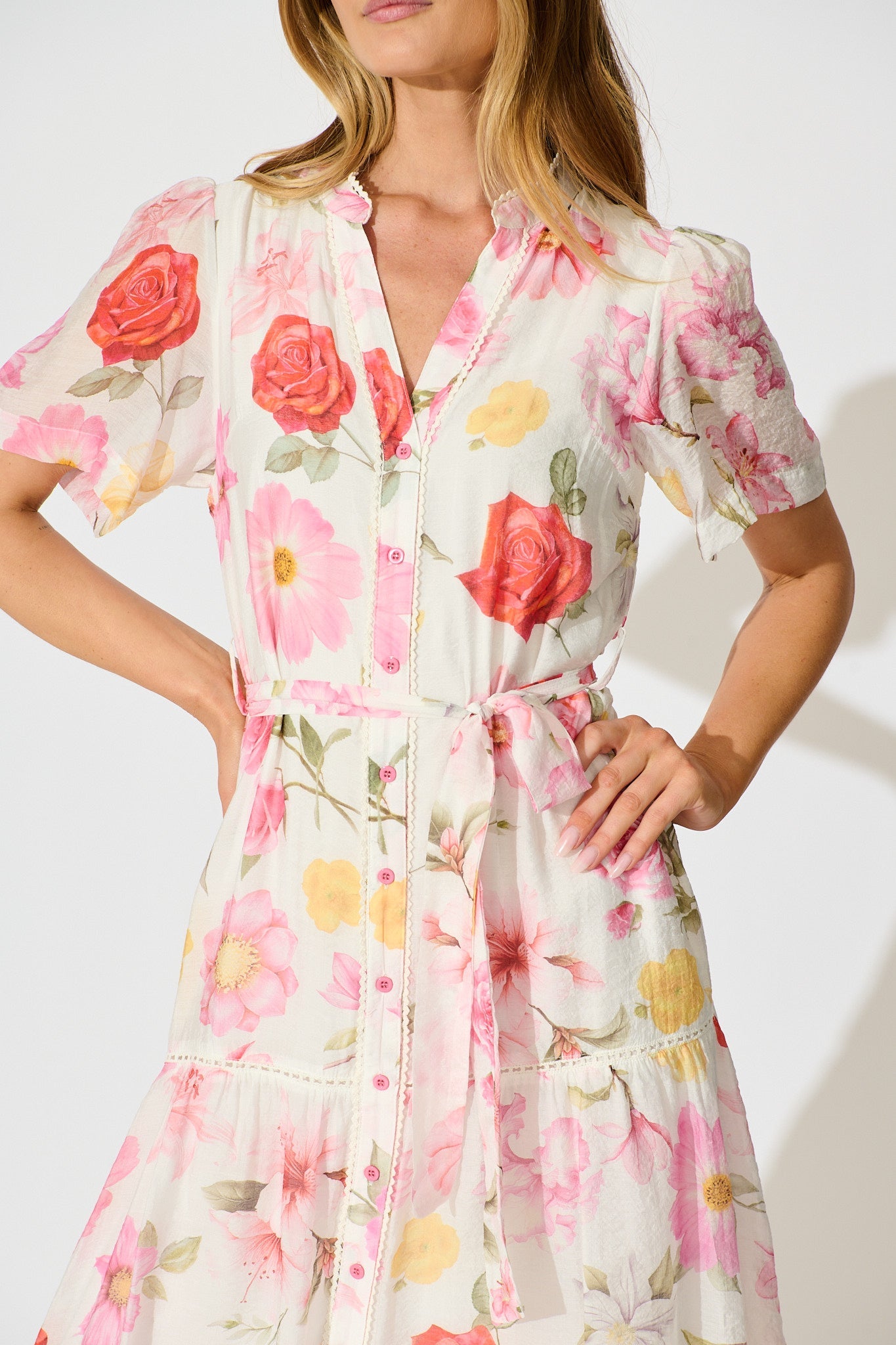 Celene Midi Dress in White with Blush Floral