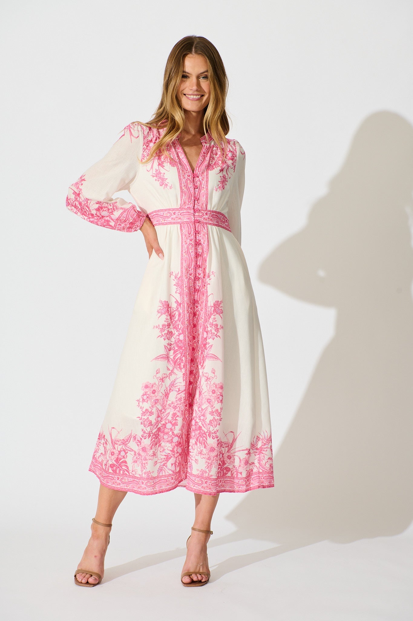 Evilia Maxi Dress in Cream with Pink Floral Linen Blend