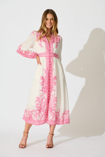 Evilia Maxi Dress in Cream with Pink Floral Linen Blend